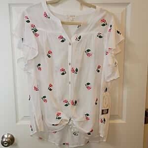 fig and flower White Floral Tie-Front Ruffle Sleeve Blouse